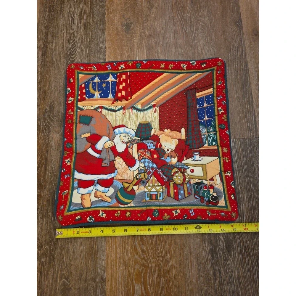 IKEA Christmas Santa Quilted Throw Pillow‎ Cover 15x15 Red Winter Holiday Toys
